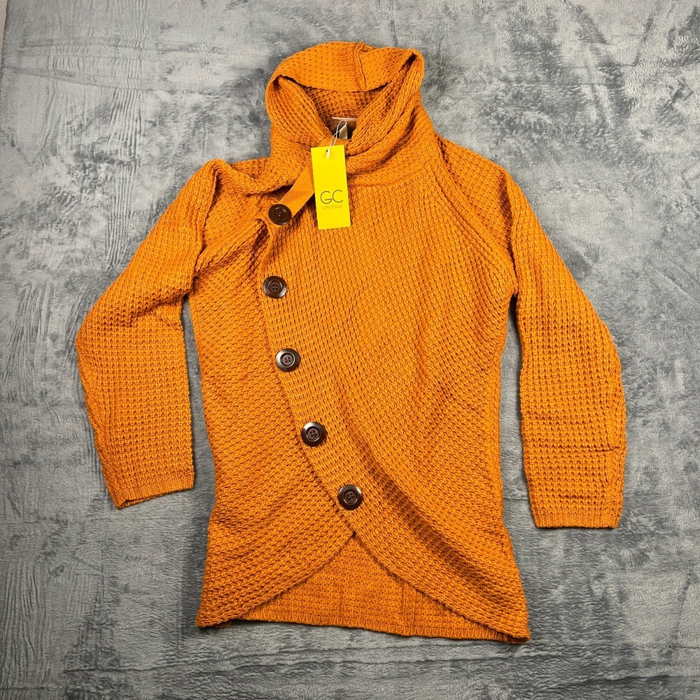 Grecerelle‎ Womens Mustard Cowl Neck Asymmetric Waffle Knit Sweater Large